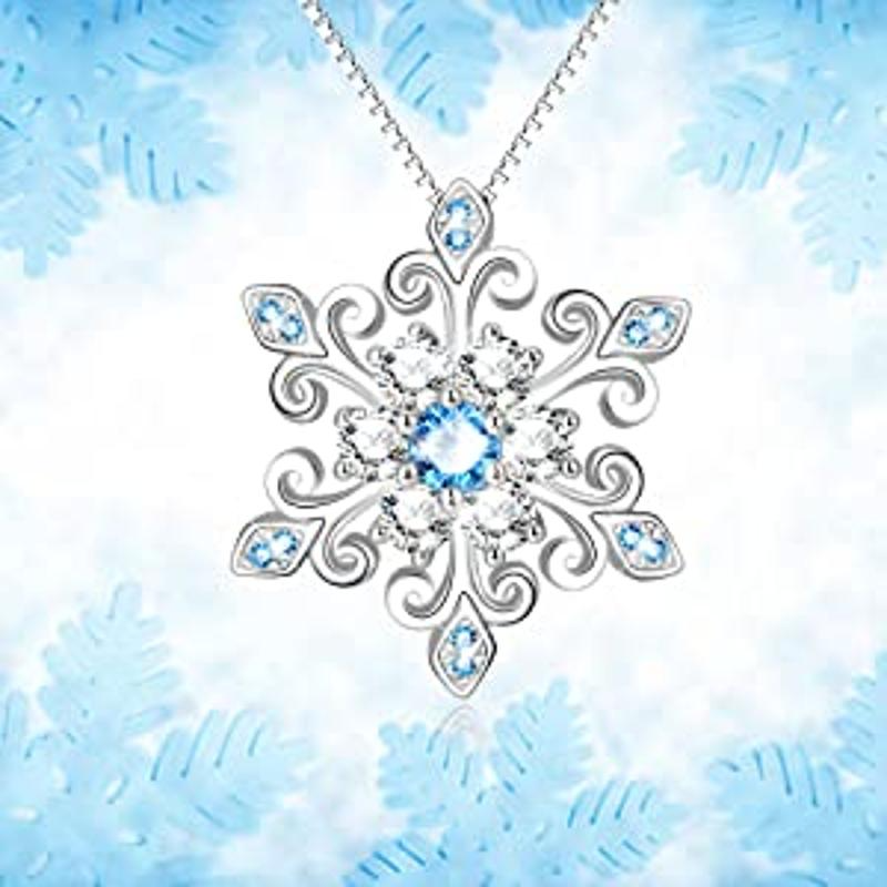 925 Sterling Silver Snowflake Pendant Necklace Blue and White  Romantic Jewelry Gift