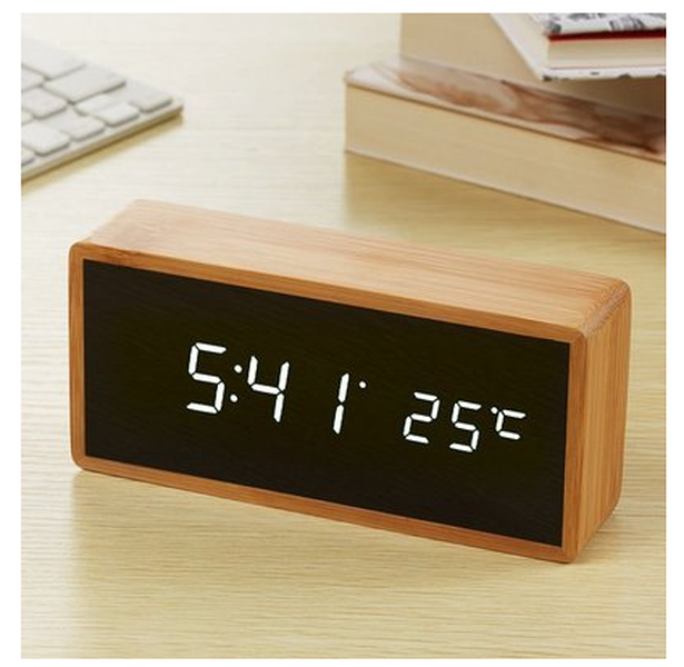 Bamboo Wooden Mirror Alarm Clocks Temperature Sounds Control Desktop Clock - Minihomy