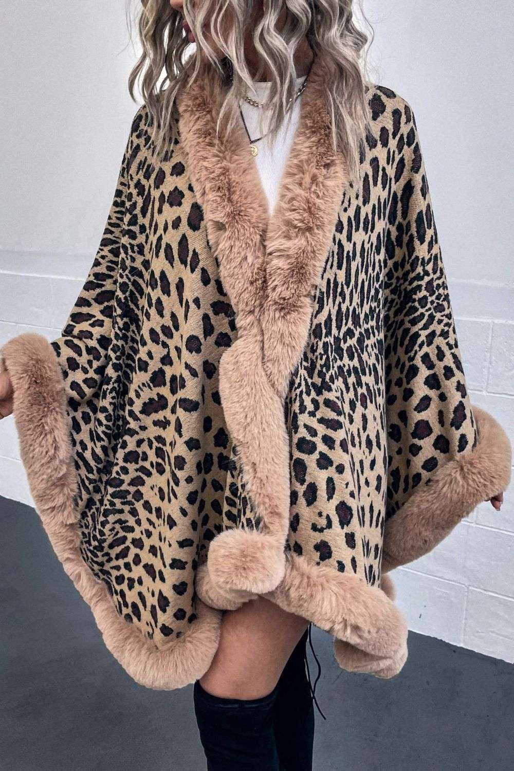 Animal Print Faux Fur Trim Poncho Jacket - Minihomy