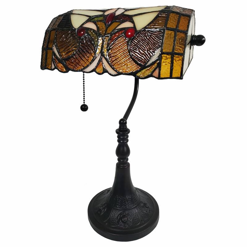 16" Tiffany Style Brown and Orange Banker Desk Lamp - Minihomy