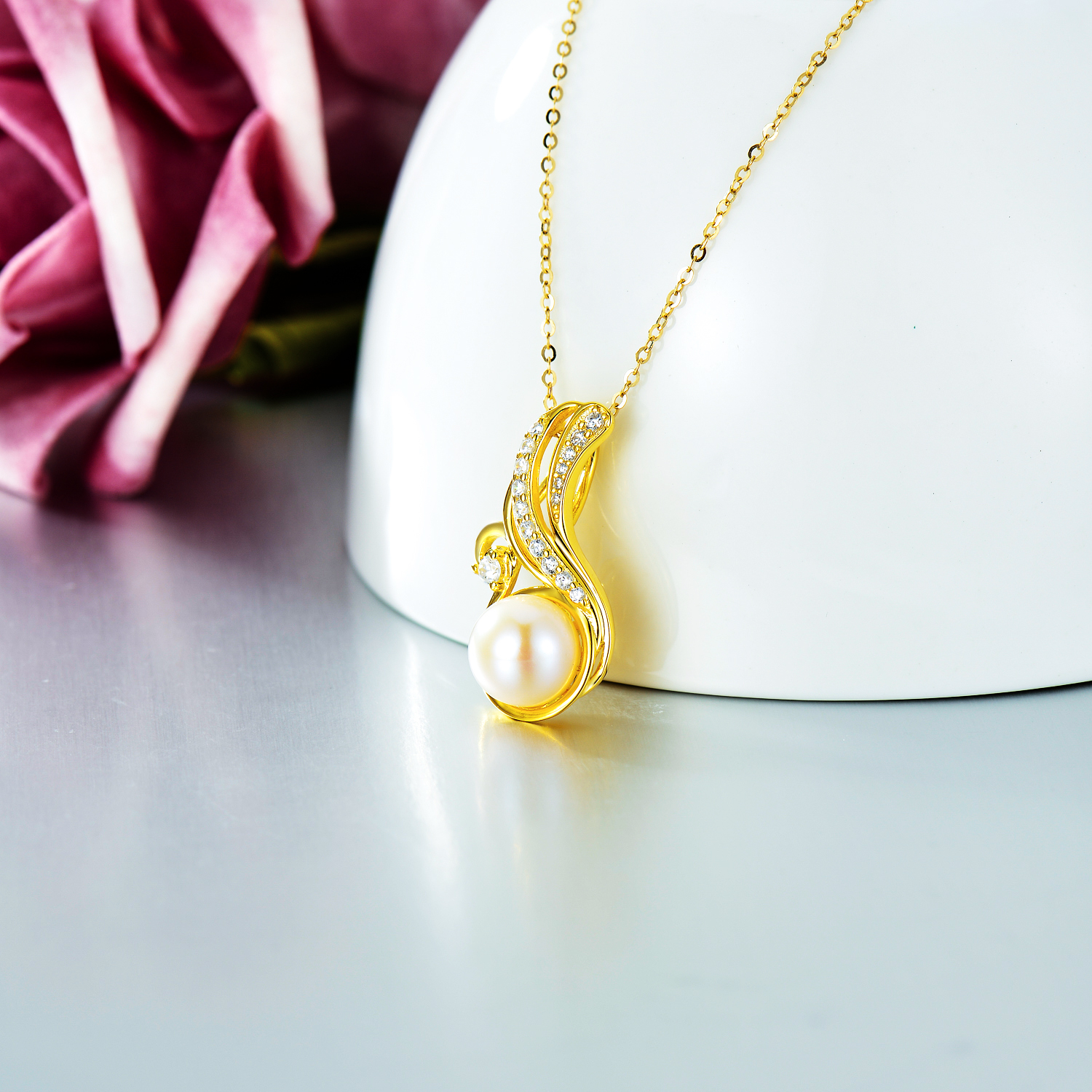 Gold Plated Ocean Wave Pearl Necklace S925 Sterling Silver Pendant Necklaces for Women