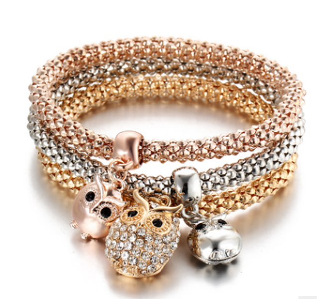 3 Pieces Set Crystal Bead Bracelet for Women Decorated with Crystal Owl Charm - Minihomy