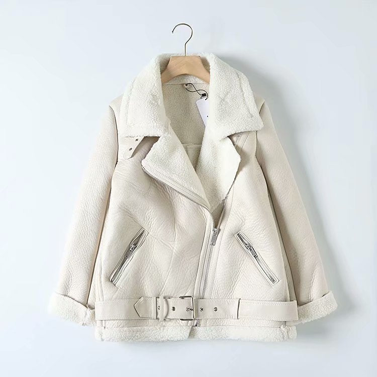 Thick and warm faux leather jacket Coat women's beige long-sleeved belt jacket