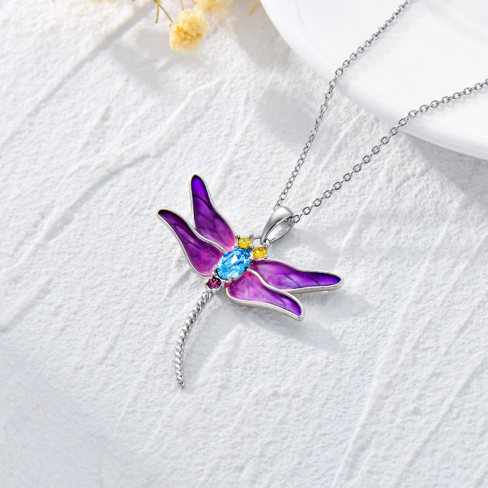 925 Sterling Silver Dragonfly Pendant Necklaces with Crystal Jewelry for Women