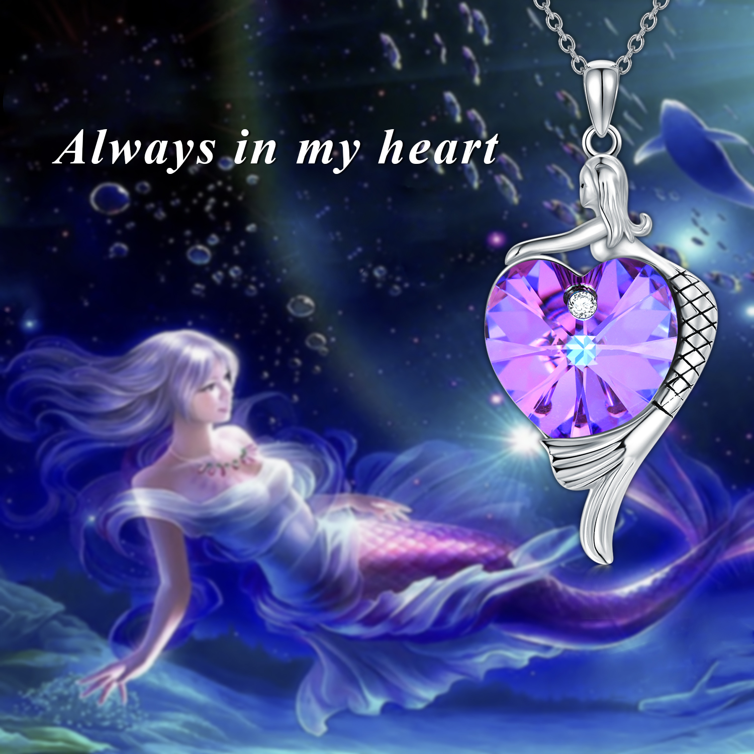 Sea Mermaid with Love Heart Pendant Crystal