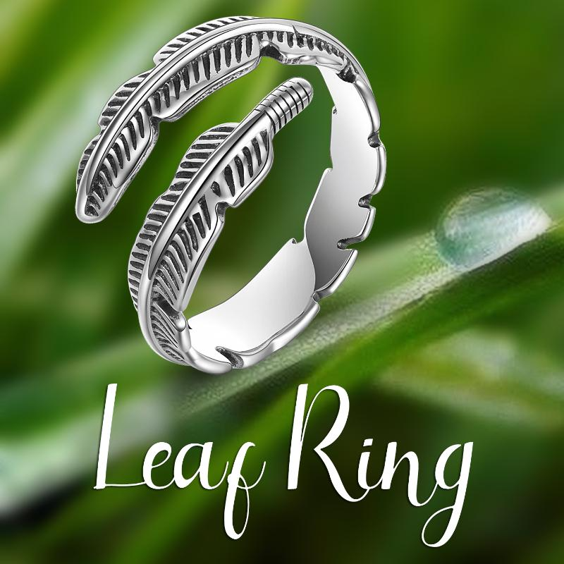 Leaf Feather Adjustable Ring Sterling Silver Open Ring Adjustable Band Ring Christmas Jewelry for Women Men