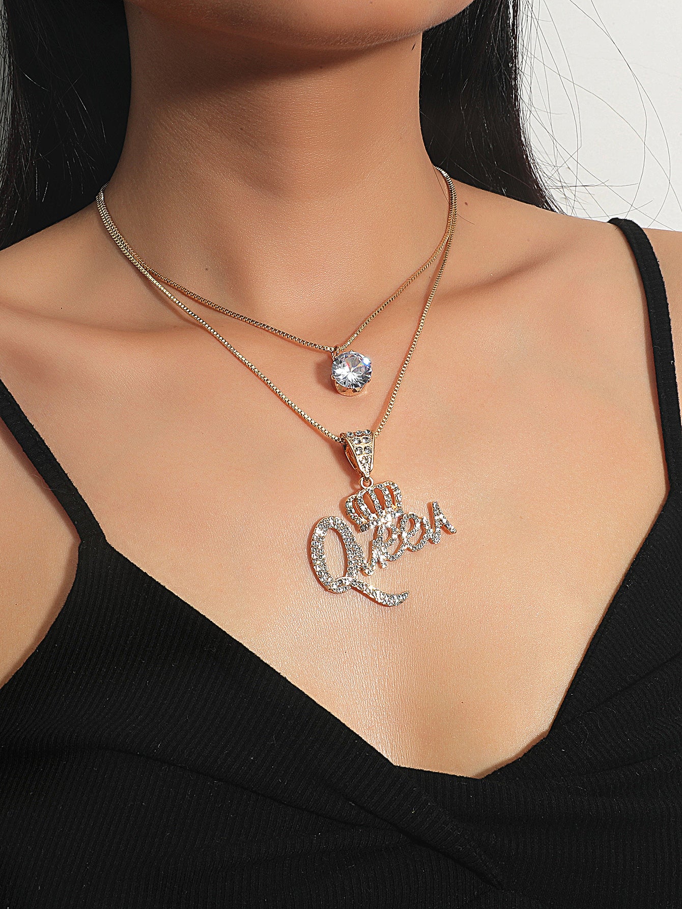 Crown Rhinestone Pendant Multilayer Queen Necklace - Minihomy