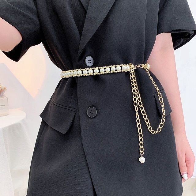 Elegant All-match Pearl Aluminum Chain Summer Dress With Belt Ladies