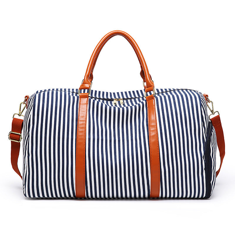 Stripe Contrast Color and Leather Canvas Big Bag