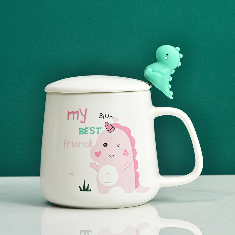 Cute Cartoon Dinosaur Mug With Lid Spoon Children Drinking Cup Ceramic - Minihomy