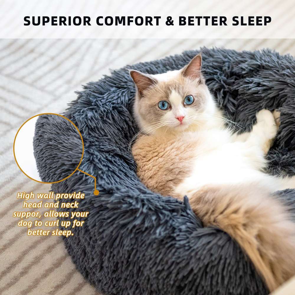 Pet Beds Anti Anxiety Fluffy With Anti-Slip & Water-Resistant Bottom Washable Calming - Minihomy