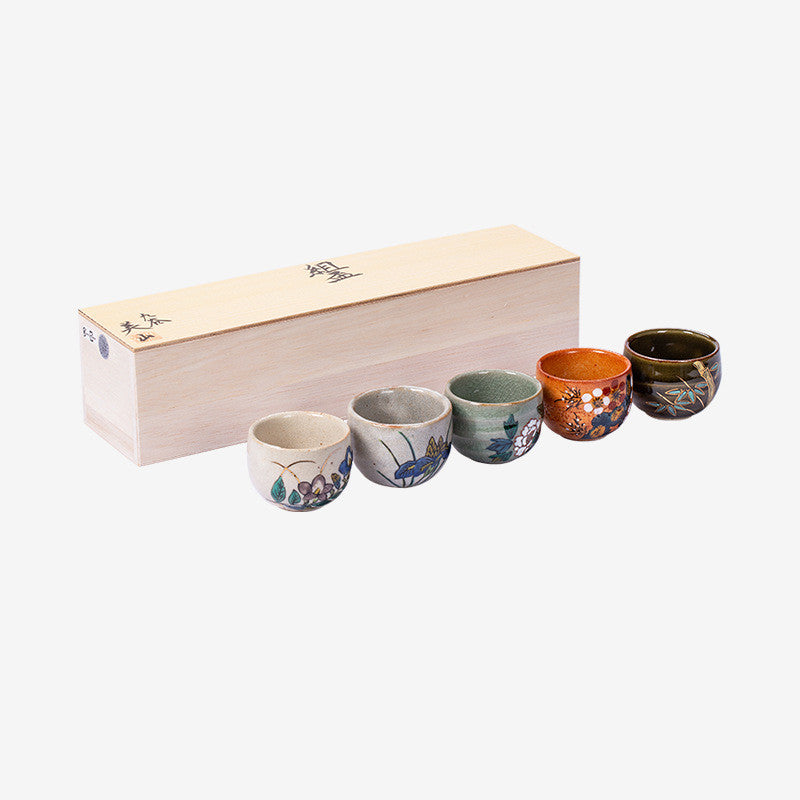 Kutani-yaki Five-grass Flower Ceramic Tea Cup Handmade Retro Set - Minihomy