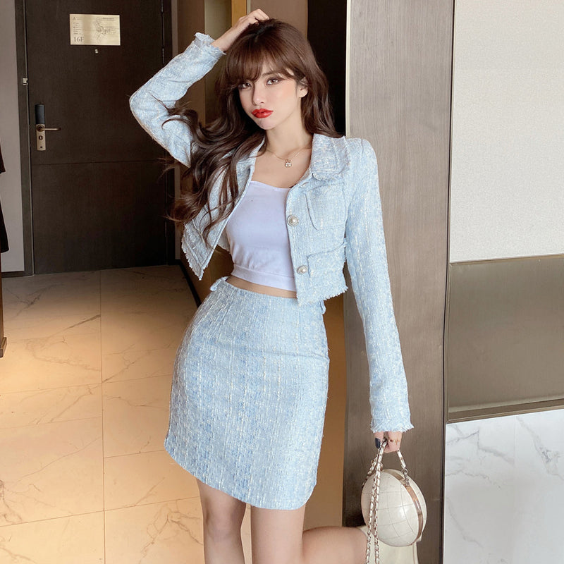 Tweed Slim Short Coat High Waist Bag Hip Skirt Two-piece Suit