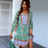 Boho Print Button V-Neck Long Sleeve Fringe Dress