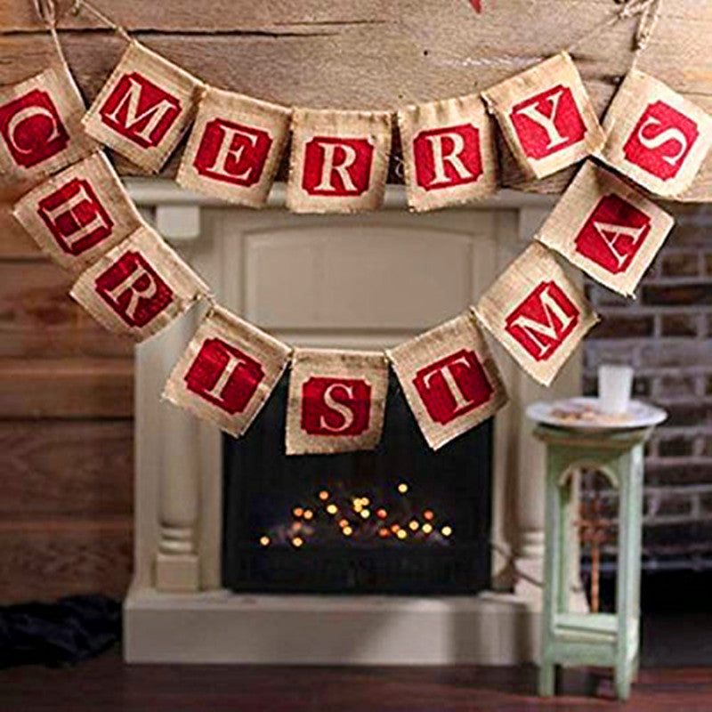 Merry Christmas sackcloth flag Christmas banner decoration - Minihomy