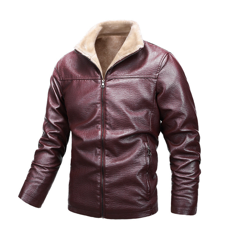 Men Stand Up Collar Plus Velvet Leather Casual - Minihomy