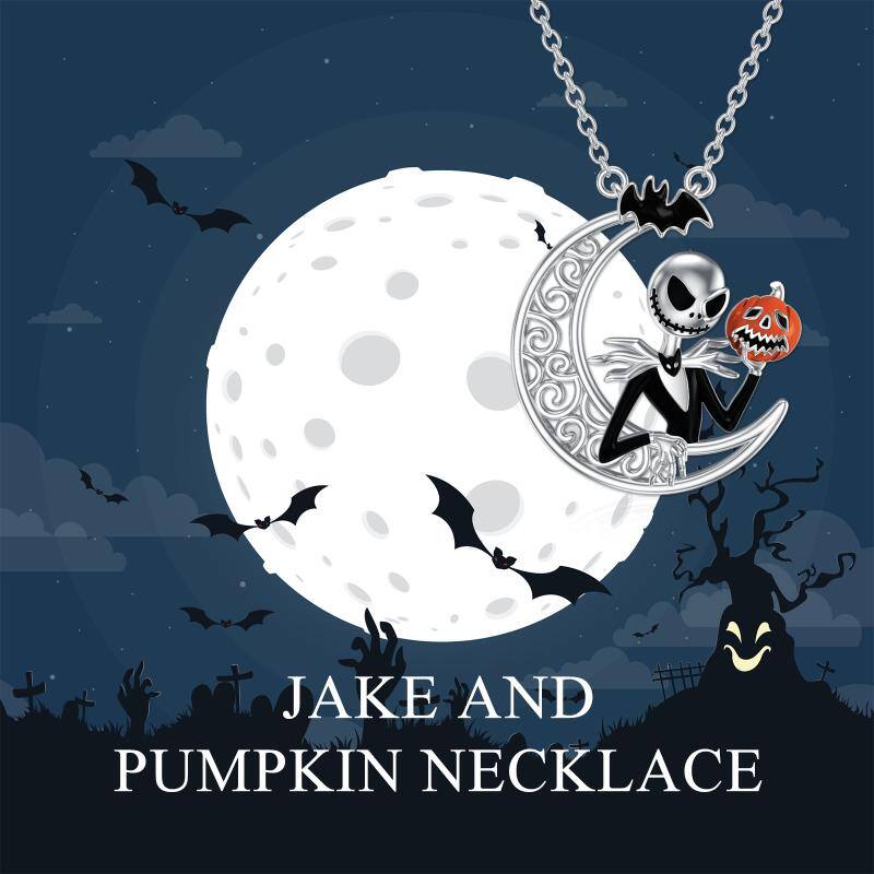 925 Sterling Silver Moon Jack Skellington and Pumpkin Pendant Necklace Skull Christmas Jewelry Gifts for Women Girlfriend Couple