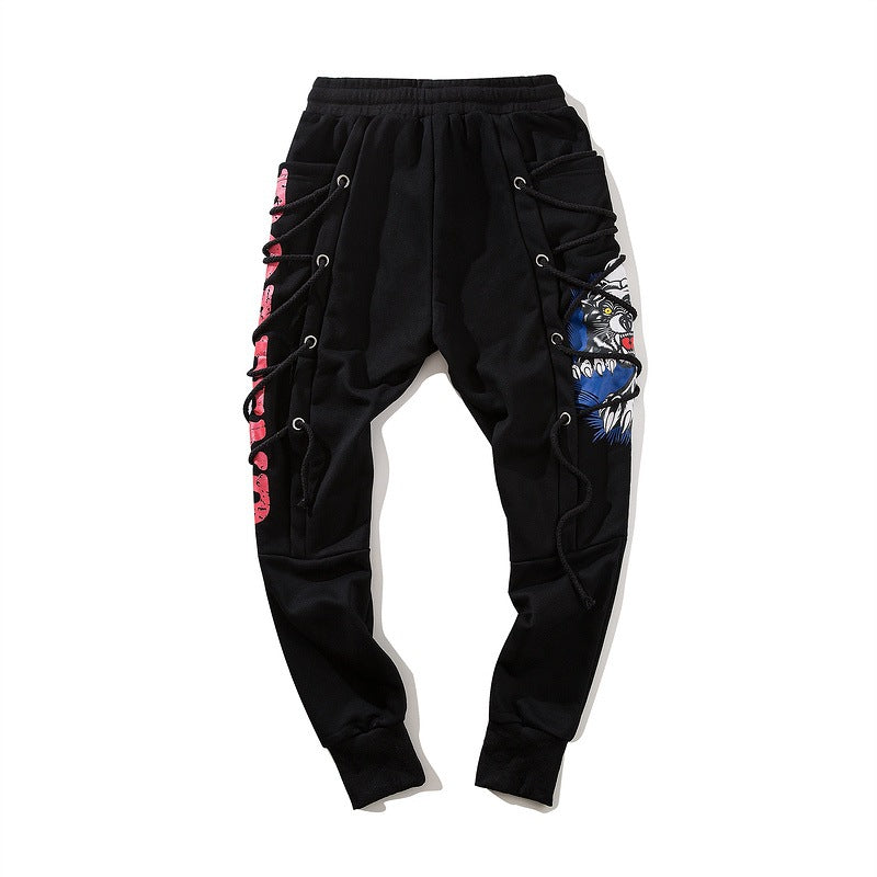 Men's high street hip hop print wearing rope harem feet pants - Minihomy