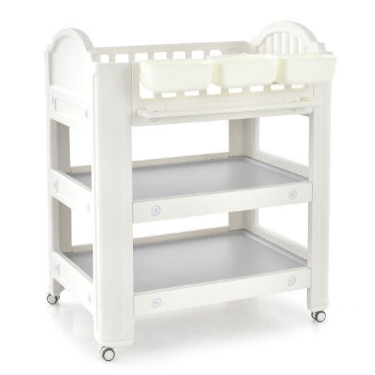 Mobile Diaper Changing Station with Storage Shelves and Boxes-Beige - Color: Beige