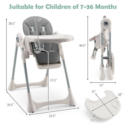 Baby Folding High Chair Dining Chair with Adjustable Height and Footrest-Gray - Color: Gray - Minihomy