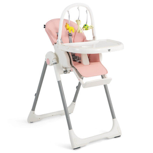 4-in-1 Foldable Baby High Chair with 7 Adjustable Heights and Free Toys Bar-Pink - Color: Pink - Minihomy