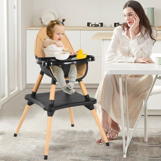 5-in-1 Baby Eat and Grow Convertible Wooden High Chair with Detachable Tray-Coffee - Color: Light Brown - Minihomy