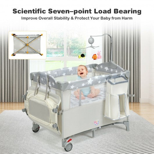 5-in-1  Portable Baby Beside Sleeper Bassinet Crib Playard with Diaper Changer-Beige - Color: Beige - Minihomy