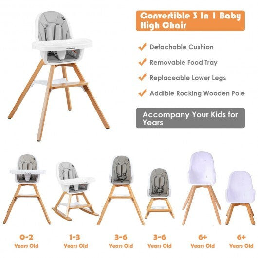 3-in-1 Convertible Wooden Baby High Chair-Beige - Color: Beige - Minihomy