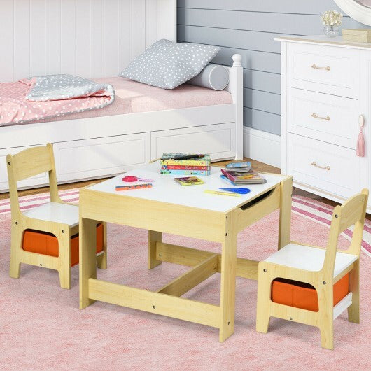 Kids Table Chairs Set With Storage Boxes Blackboard Whiteboard Drawing-Natural - Color: Natural