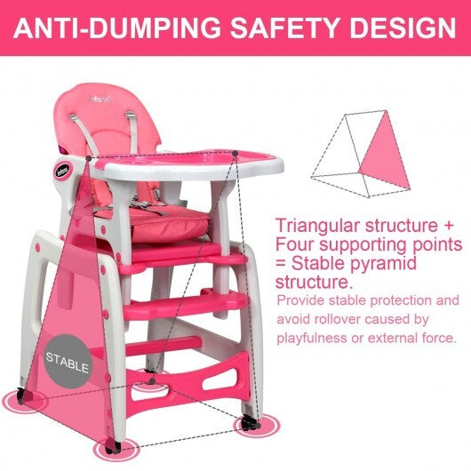 3-in-1 Baby High Chair with Lockable Universal Wheels-Pink - Color: Pink
