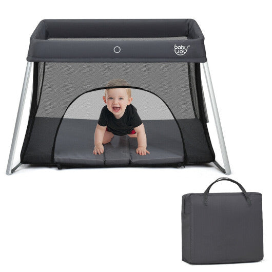 Lightweight Foldable Baby Playpen w/ Carry Bag-Dark Gray - Color: Dark Gray