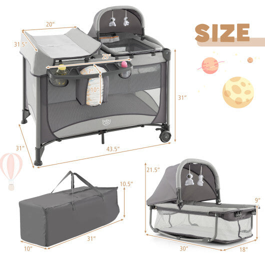 5-in-1 Portable Baby Playard with Cradle and Storage Basket-Gray - Color: Gray - Minihomy