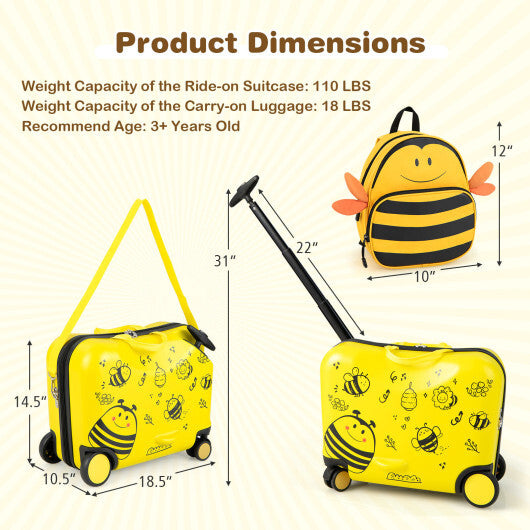 2 Pieces 18 Inch Ride-on Kids Luggage Set with Spinner Wheels and Bee Pattern-Yellow - Color: Yellow - Minihomy