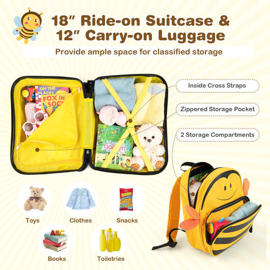 2 Pieces 18 Inch Ride-on Kids Luggage Set with Spinner Wheels and Bee Pattern-Yellow - Color: Yellow - Minihomy