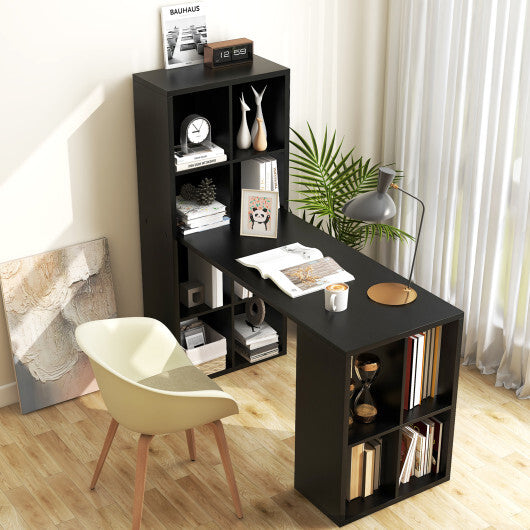 Modern Computer Desk with 12 Cubes Bookshelf-Black - Color: Black