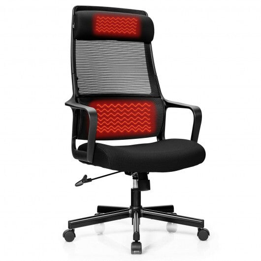 Adjustable Mesh Office Chair with Heating Support Headrest-Black - Color: Black - Minihomy