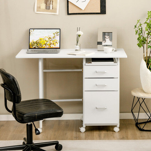 Home Office Folding Computer Laptop Desk Wheeled with 3 Drawers-White - Color: White