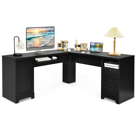 66 Inch L-Shaped Writing Study Workstation Computer Desk with Drawers-Black - Color: Black - Minihomy