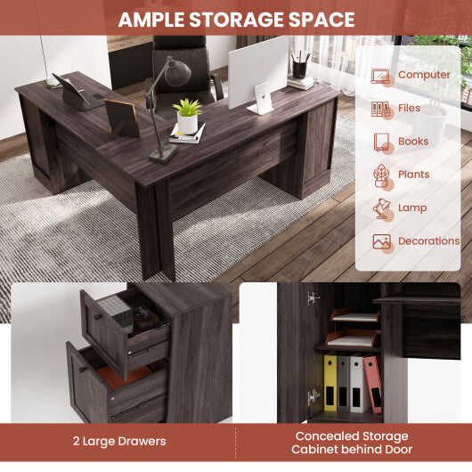 L-Shaped Office Desk with Storage Drawers and Keyboard Tray-Dark Brown - Color: Dark Brown - Minihomy