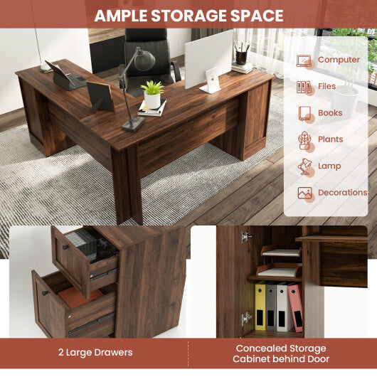 L-Shaped Office Desk with Storage Drawers and Keyboard Tray-Walnut - Color: Walnut - Minihomy