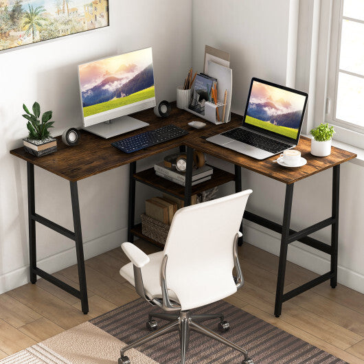 L Shaped Corner Computer Desk with Storage Shelves-Brown - Color: Brown - Minihomy