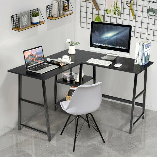 L Shaped Corner Computer Desk with Storage Shelves-Black - Color: Black - Minihomy