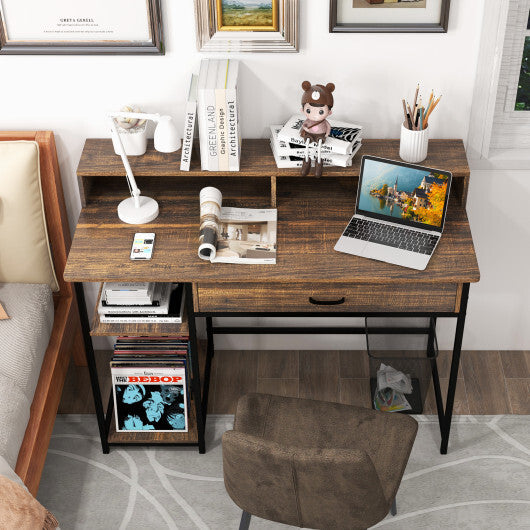 48 Inch Computer Desk with Monitor Stand Drawer and Shelves-Rustic Brown - Color: Rustic Brown - Minihomy