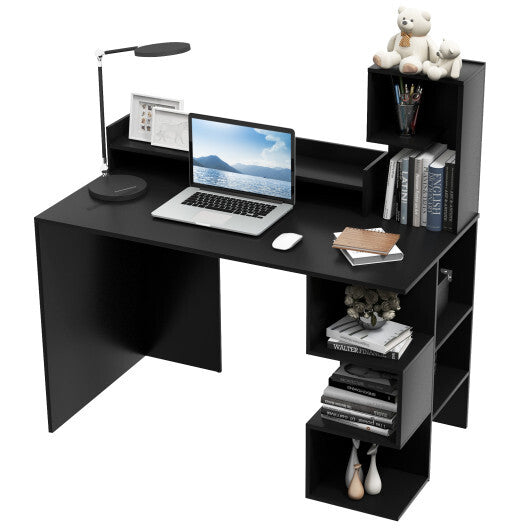 Modern Computer Desk with Storage Bookshelf and Hutch for Home Office-Black - Color: Black