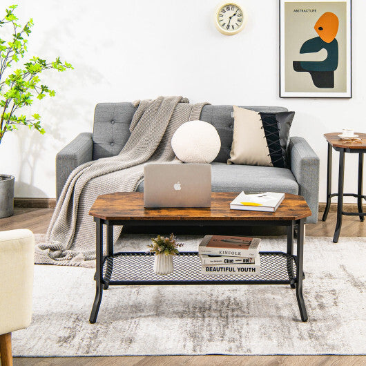 2-Tier Industrial Coffee Table with Open Mesh Storage Shelf for Living Room-Rustic Brown