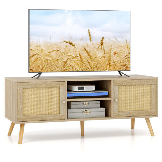 PE Rattan Media Console Table with 2 Cabinets and Open Shelves - Color: Natural - Minihomy