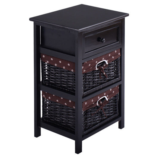 3 Tiers Wooden Storage Nightstand with 2 Baskets and 1 Drawer-black - Minihomy