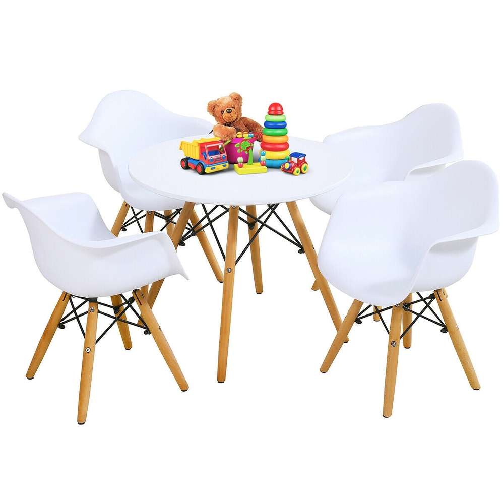 5 Piece Kids Modern Round Table Chair Set - Color: White - Minihomy