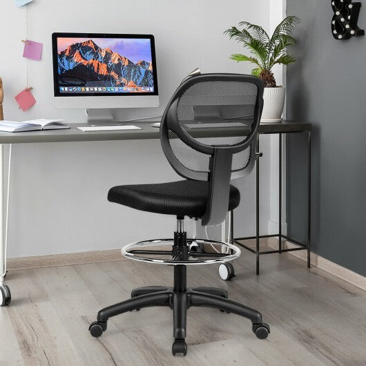 Adjustable Height Mid Back Mesh Drafting Office Chair - Color: Black - Minihomy