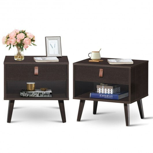 Nightstand Bedroom Table with Drawer Storage Shelf-Brown - Minihomy